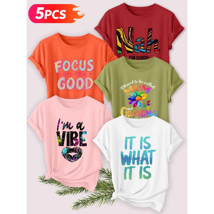 Five-piece set Elegant short-sleeved shirt for women Energetic Attitude Series Printed Round Neck Women's Short Sleeve Shirt Suitable for Spring and