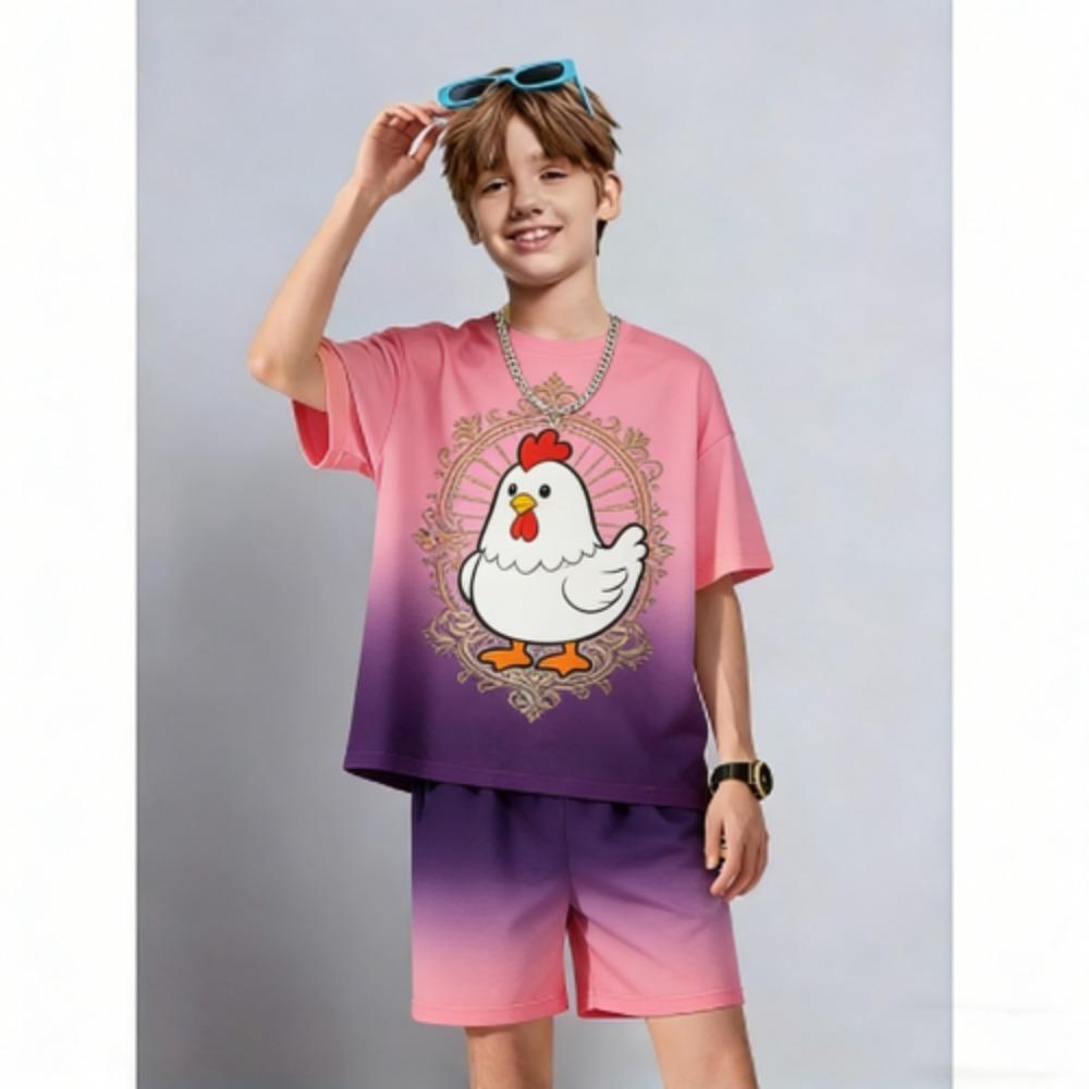 Kids Set Fashion Cartoon Chicken Printed Kids T-shirt and Shorts 2 Piece Set Summer Casual Outdoor Boys and Girls Outfit Kids Clothing