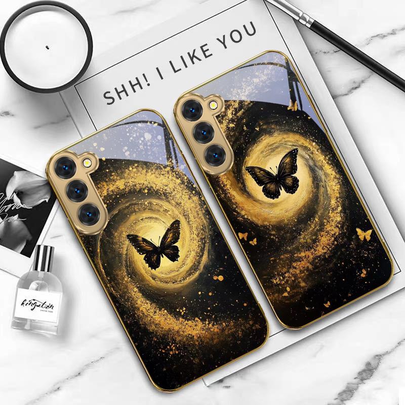 Vortex Black Butterfly For Samsung Galaxy S20 FE S21 S22 S23 Plus S24 Ultra S25Ultra S21+ S9+ S22Plus Golden glass phone case