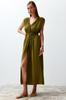 Women's Fashion New Dress Green Maxi Woven Slit Beach Dress