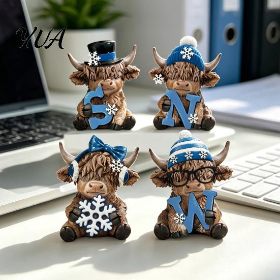 Handmade Holiday Decor 4Pcs Christmas Highland Cow Figurine, Winter Blue Yak Statues with Snowflakes Xmas Unique Room Accent Hats, Farmhouse Tabletop