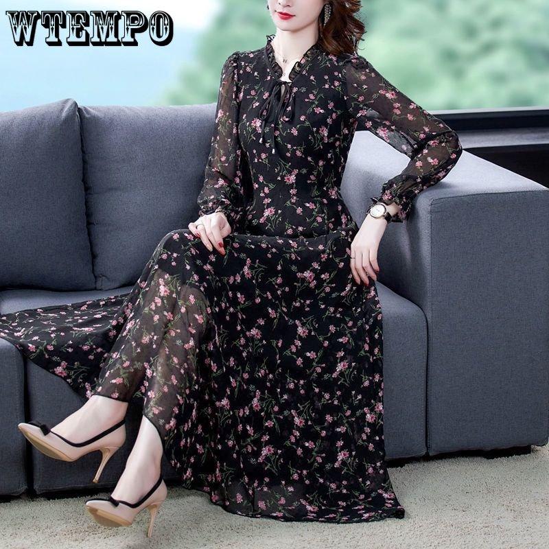 Весенне-осеннее женское платье, шифоновая блузка, женское летнее платье с длинными рукавами и цветочным принтом, юбка с большой нижней частью
