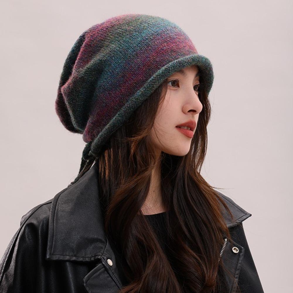 Gradient Color Beanies Skullies Knitted Drawstring Slouch Hat Fashion Bonnet Hat