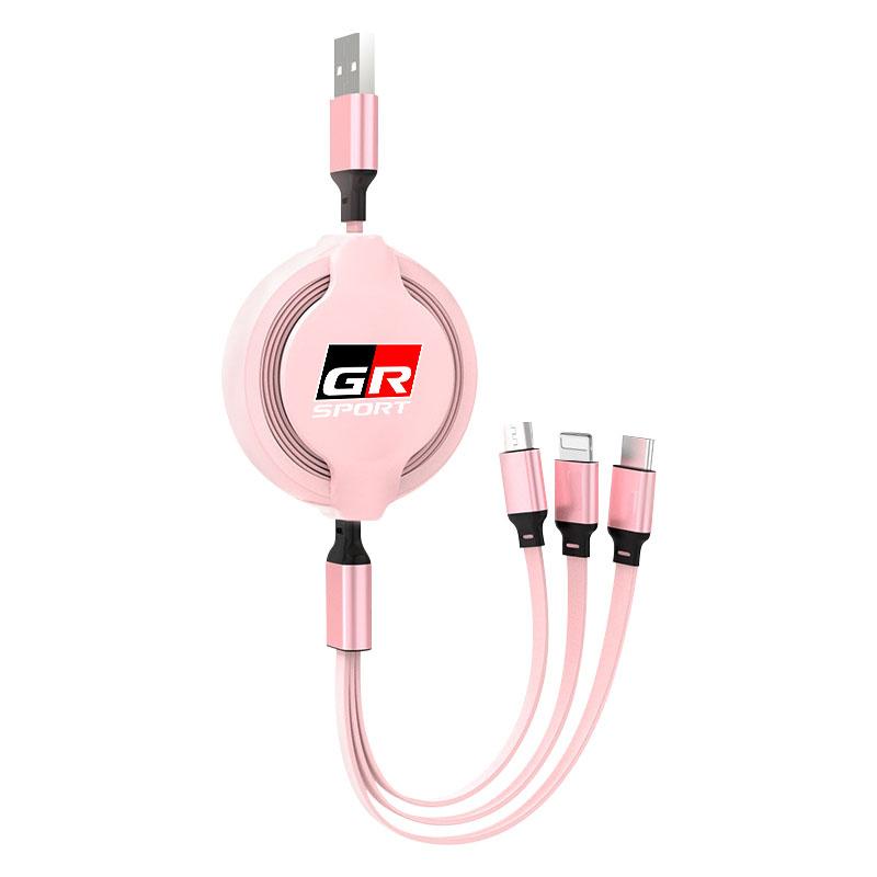 3in1 Retractable Fast Charge Data Cable USB Android Type-C IPhone for Toyota Trd GR Corolla Yaris Chr Auris RAV4 Land Cruiser Camry Highlander