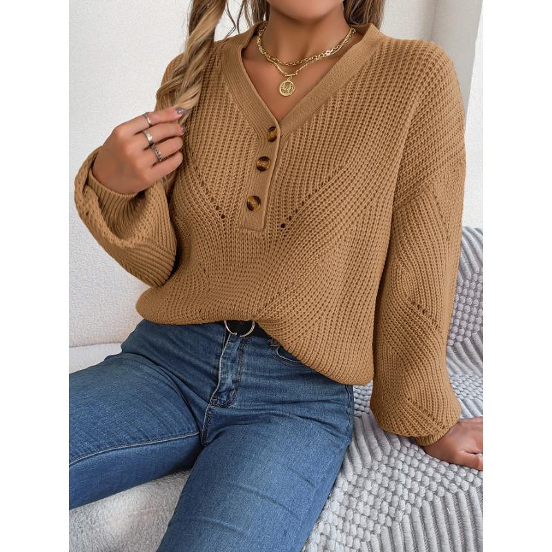 Женский свитер-пуловер с V-образным вырезом, пуговицами и рукавами-фонариками, осенне-зимняя модель