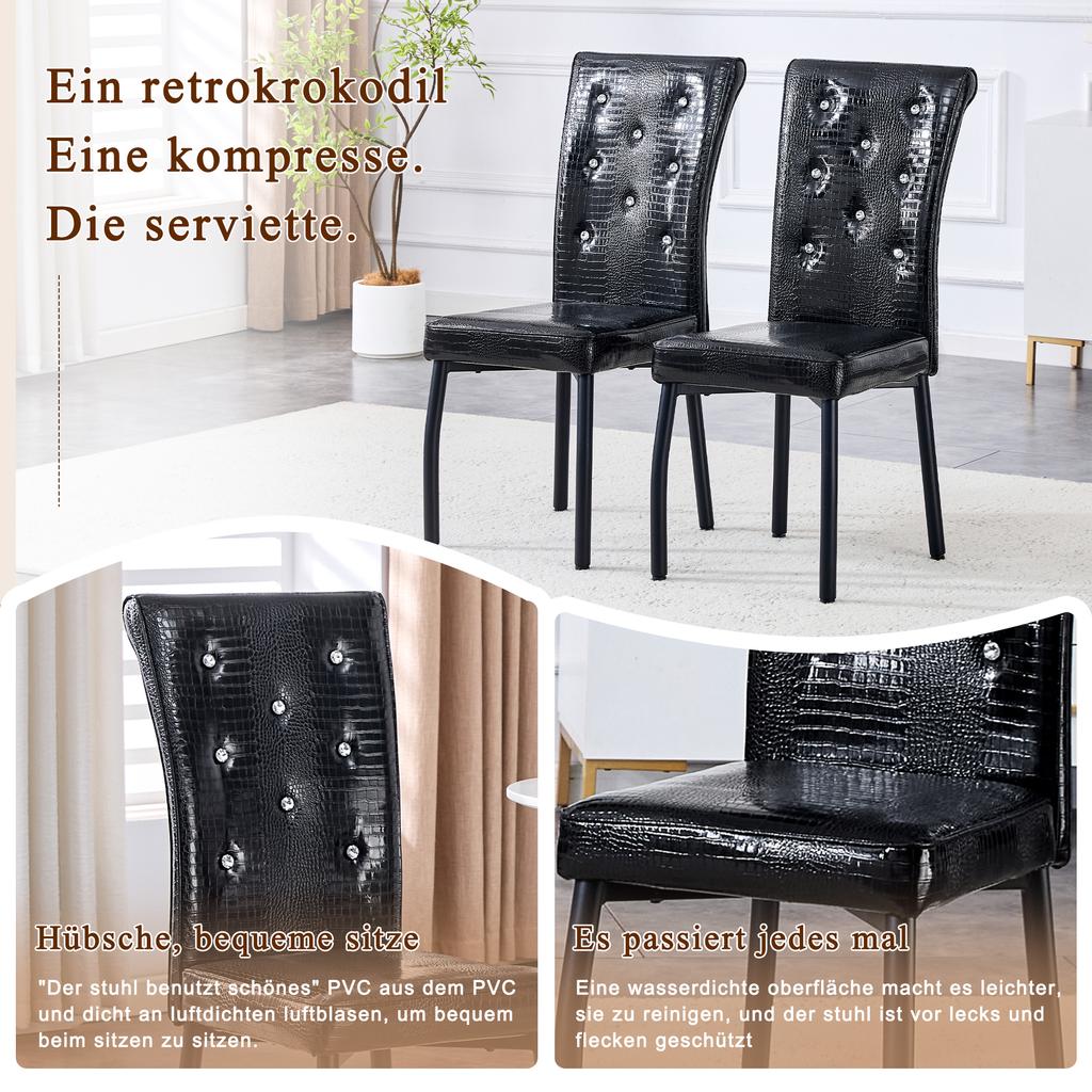 A Set of 2 Black Vintage Crocodile Leather Upholstered Dining Chairs, with Crystal Buckle and Faux Leather, Add Elegance and Mystery to Dining Area