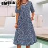 Women's Fashion Summer Spring Solid Color Print Short Sleeve O-Neck High Waist Casual Dresses