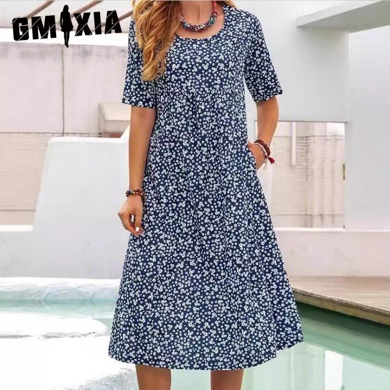 GMXIA Women's Fashion Summer Spring Solid Color Print Short Sleeve O-Neck High Waist Casual Dresses