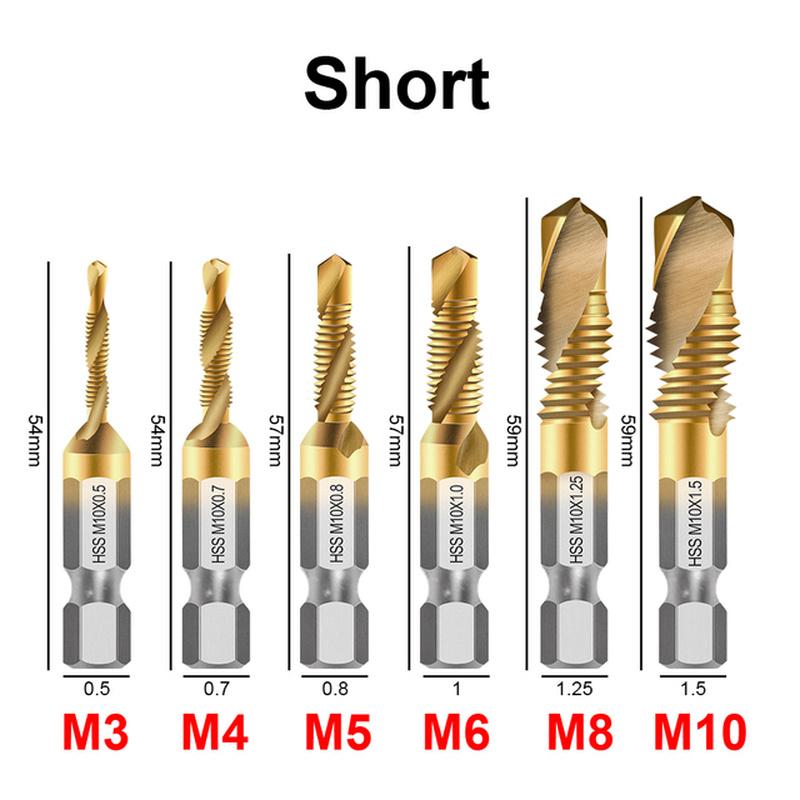 6Pcs Titanium Plated Hex Shank HSS Screw Thread Metric Tap Drill Bits Screw Machine Compound M3 M4 M5 M6 M8 M10 Hand Tools