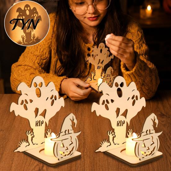 Window Silhouette Display Halloween Candle Holder, Spooky Pumpkin Bat Shadow Tealight Creative Casting Holder Vintage Wooden Candlestick Ornament for