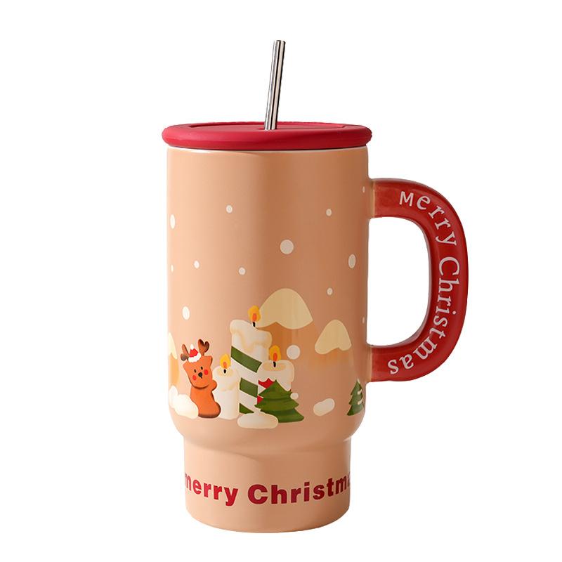 Christmas Ceramic Mug With Lid Large Capacity Household Straw Cup Creative Christmas Gift Souvenir