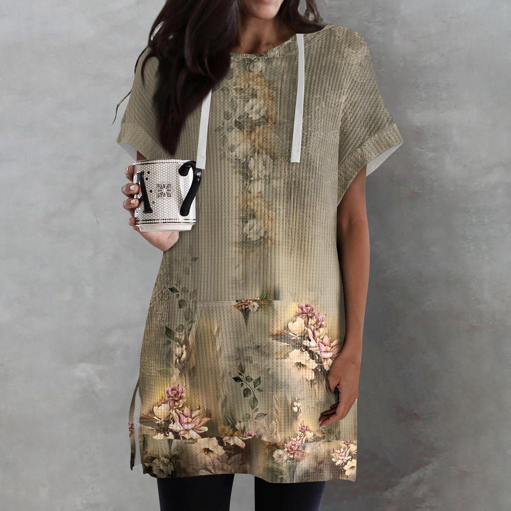 Женские свободные рубашки с принтом, толстовки с короткими рукавами и шнурком, вязаная туника с боковыми разрезами, топы с капюшоном и карманом