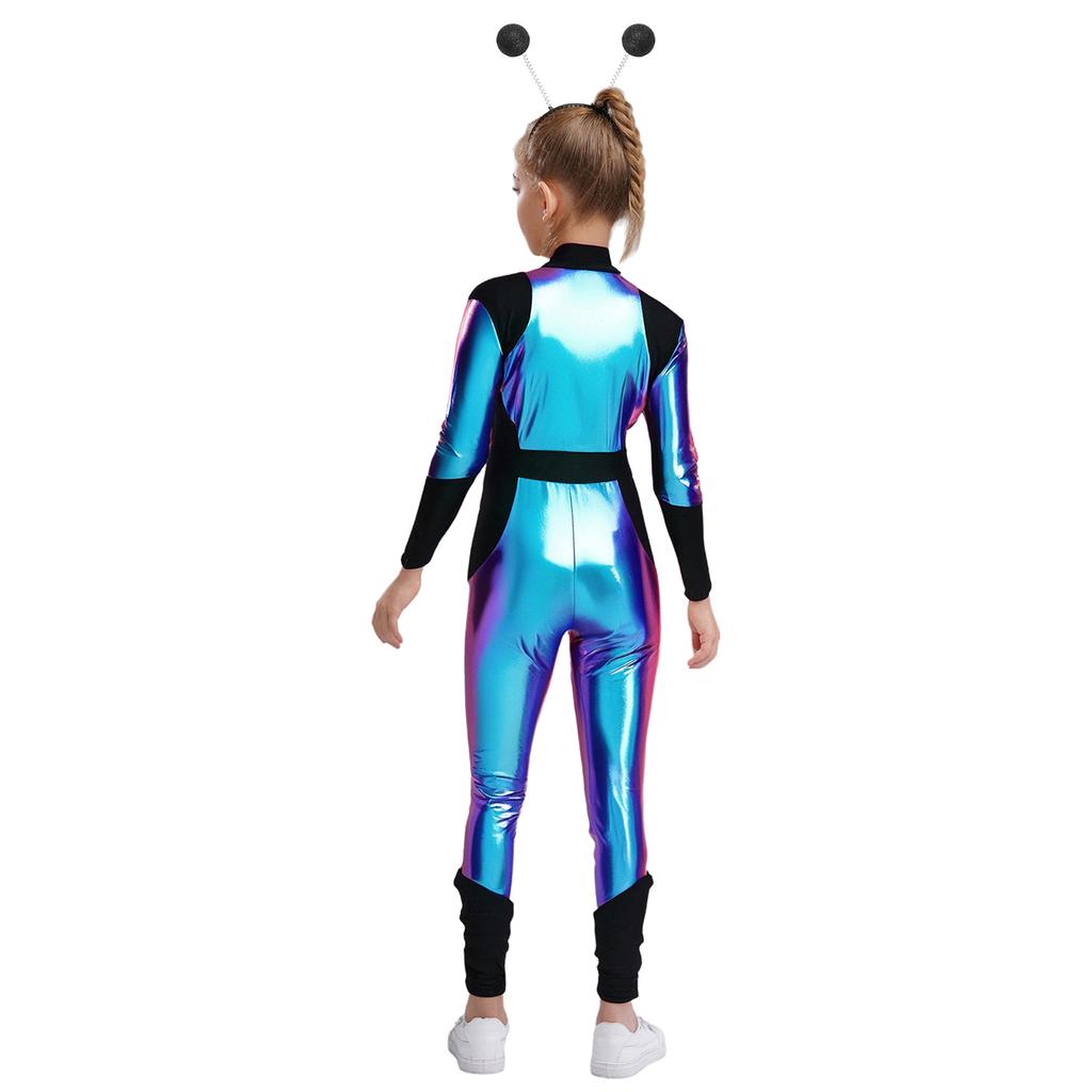 Детский Костюм Косплей Инопланетянин С Длинным Рукавом Высокая Талия Блестящий Металлический Молния Комбинезон Хэллоуин Боди