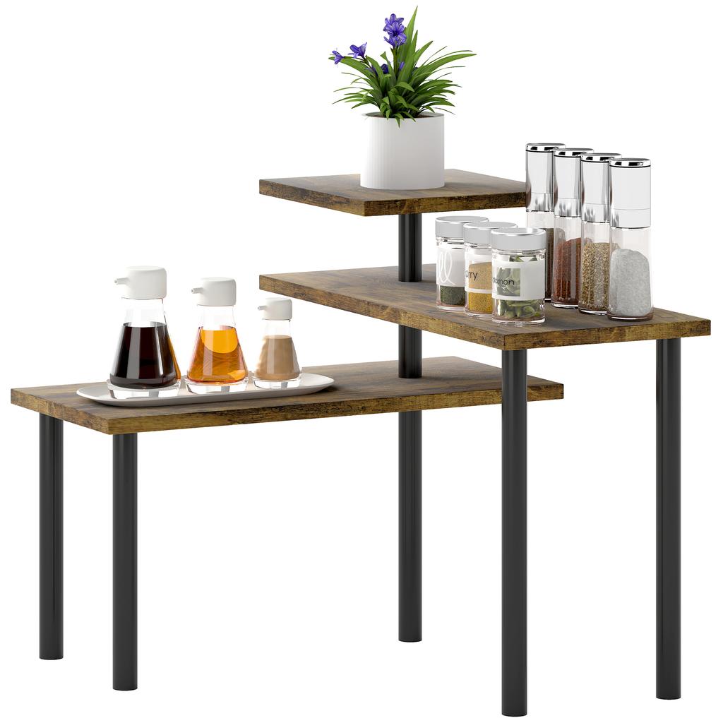 3-Tier Kitchen Countertop Organiser, Adjustable Spice Rack, Corner Shelf for Kitchen, Coffee Bar, Bathroom, Rustic Brown