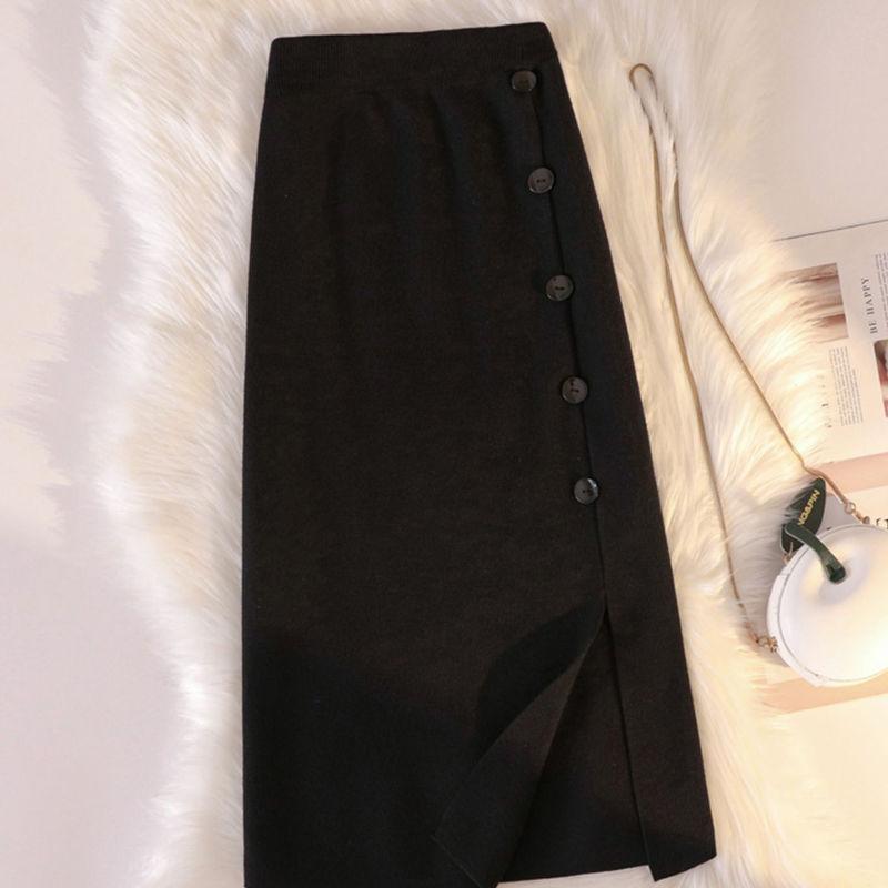 Корейская трикотажная юбка средней длины средней длины с высокой талией и универсальным дизайном из шерсти А-силуэта с запахом ягодиц, женские топы