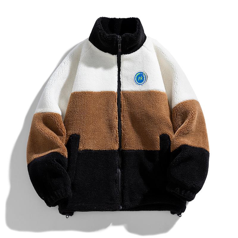 8XL Large Lamb Fleece Coat Men's Cardigan Sweatshirt Color Blocked Particle Fleece Coat Jacket Shake Particle Fleece