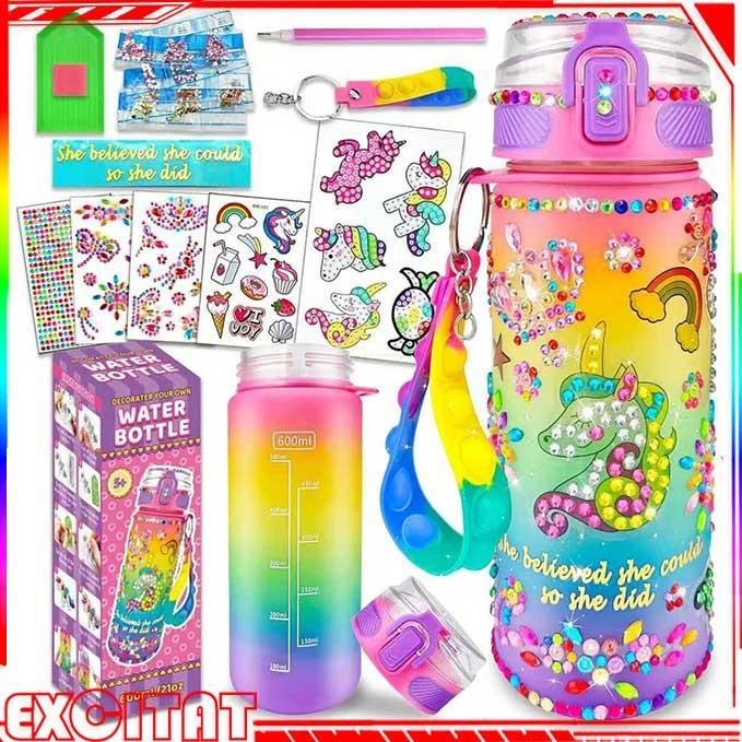 Creative DIY Gemstone Sticker Water Bottle for Kids, 600ml Rainbow Unicorn, Reusable Student Thermos, Holiday Gift for Boys & Girls Ages 4-10