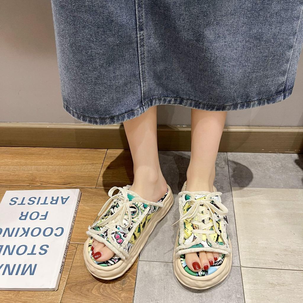 Дизайнерские летние женские тапочки на платформе, мюли с граффити, шлепанцы, уличные сандалии, сабо, повседневная обувь на плоской подошве для женщин