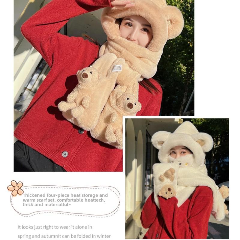 Зимняя плюшевая шапка, женская велосипедная шапка, защищающая от холода, милый шарф с капюшоном в виде медведя, трехкомпонентная ветрозащитная шапка для защиты ушей