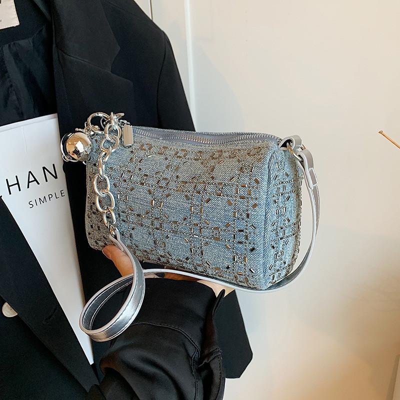 Ielgy Small Square Bag Retro Rhinestone Denim Bag Shoulder Messenger Pillow Bag