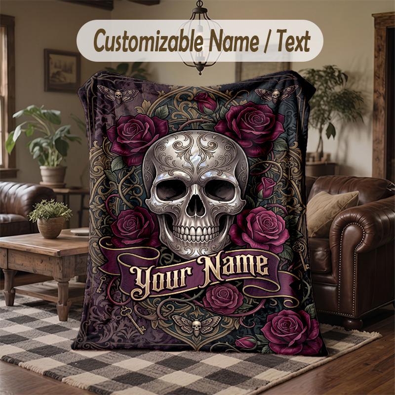 Skull Floral Fantasy Theme Throw Blanket Custom Name Text Personalized Blanket Soft Cozy Blanket for Home Sofa Bed