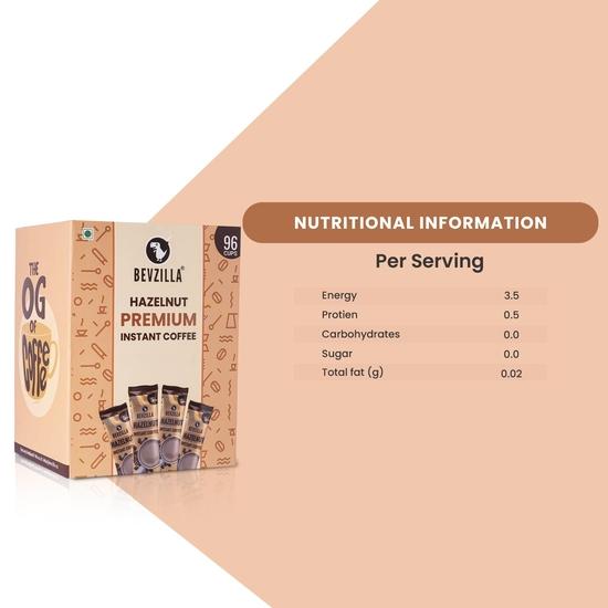Bevzilla 96 Instant Coffee Powder Sachets (Hazelnut) -192 Grams |Arabica Coffee| Easy To Carry|Best For Espresso, Latte, Cappuccino| Enjoy Hot & Cold