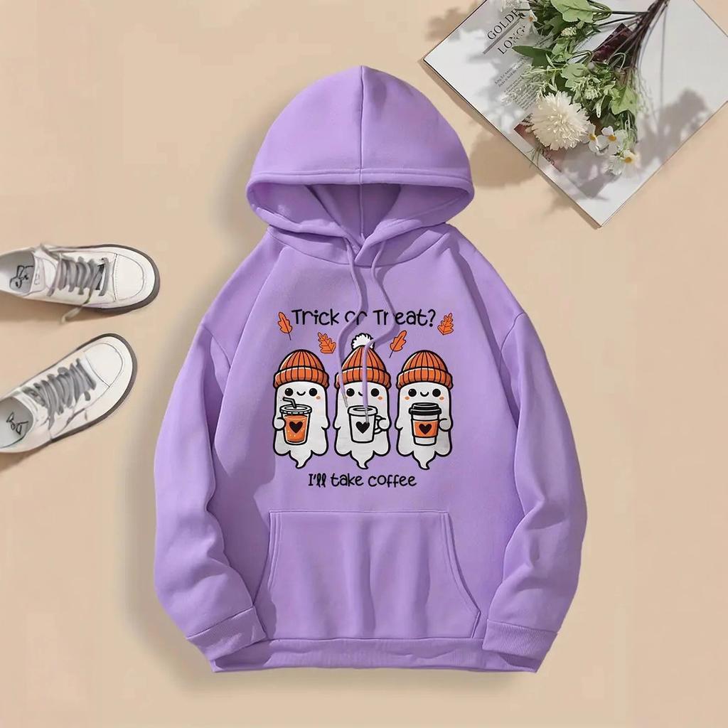 Женские весенне-осенние повседневные спортивные худи свободного кроя с капюшоном, длинным рукавом и большим карманом, с принтом привидения на Хэллоуин, пуловер, толстовка, топ