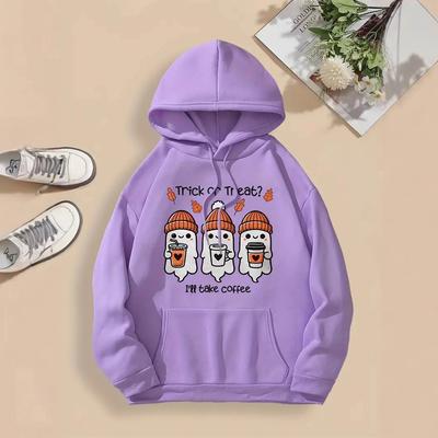 Женские весенне-осенние повседневные спортивные худи свободного кроя с капюшоном, длинным рукавом и большим карманом, с принтом привидения на Хэллоуин, пуловер, толстовка, топ