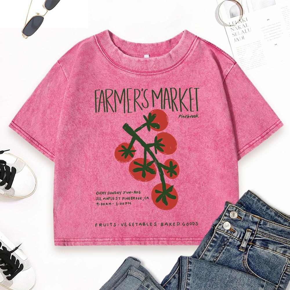 Farmer'S Market Tomatoes Print Crop Washed T Shirt Womens Summer Vintage Short Sleeve Cotton Slim Tops T-Shirts