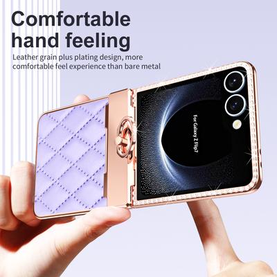 Роскошный чехол из гладкой кожи с бриллиантами для Samsung Galaxy Z Flip 7, складной, с вращающимся кольцом-подставкой, крышка, опционально зеркальная пленка