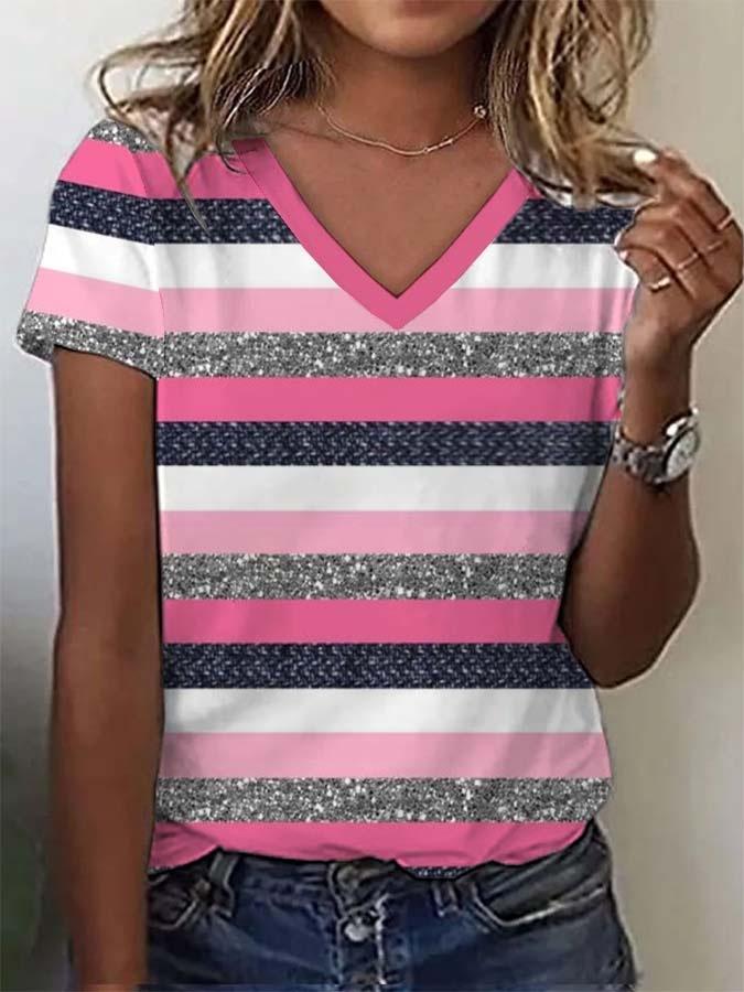 Summer V-neck 3D Multi-color Stripes Printed Top Fashionable Casual Short Sleeved Women's T-shirts