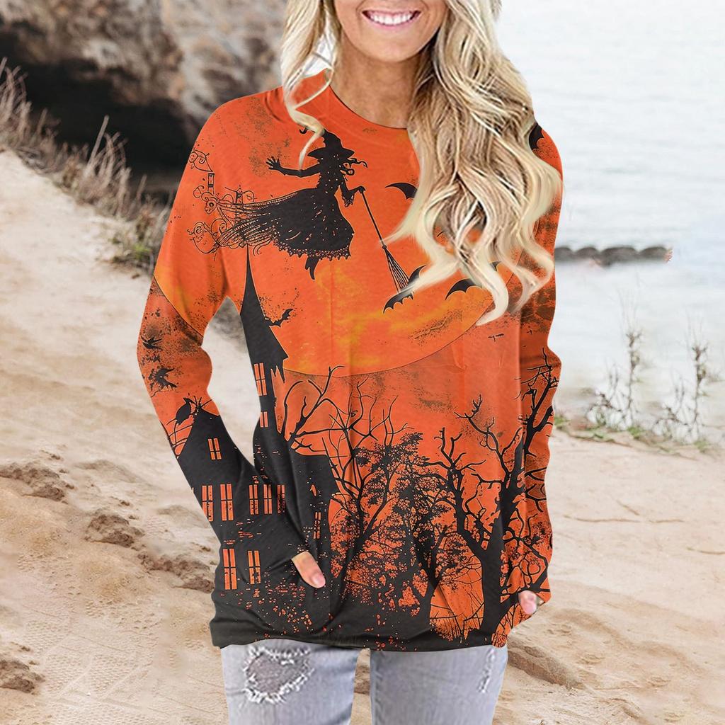 Женская модная повседневная футболка с круглым вырезом и принтом, длинными рукавами и карманами