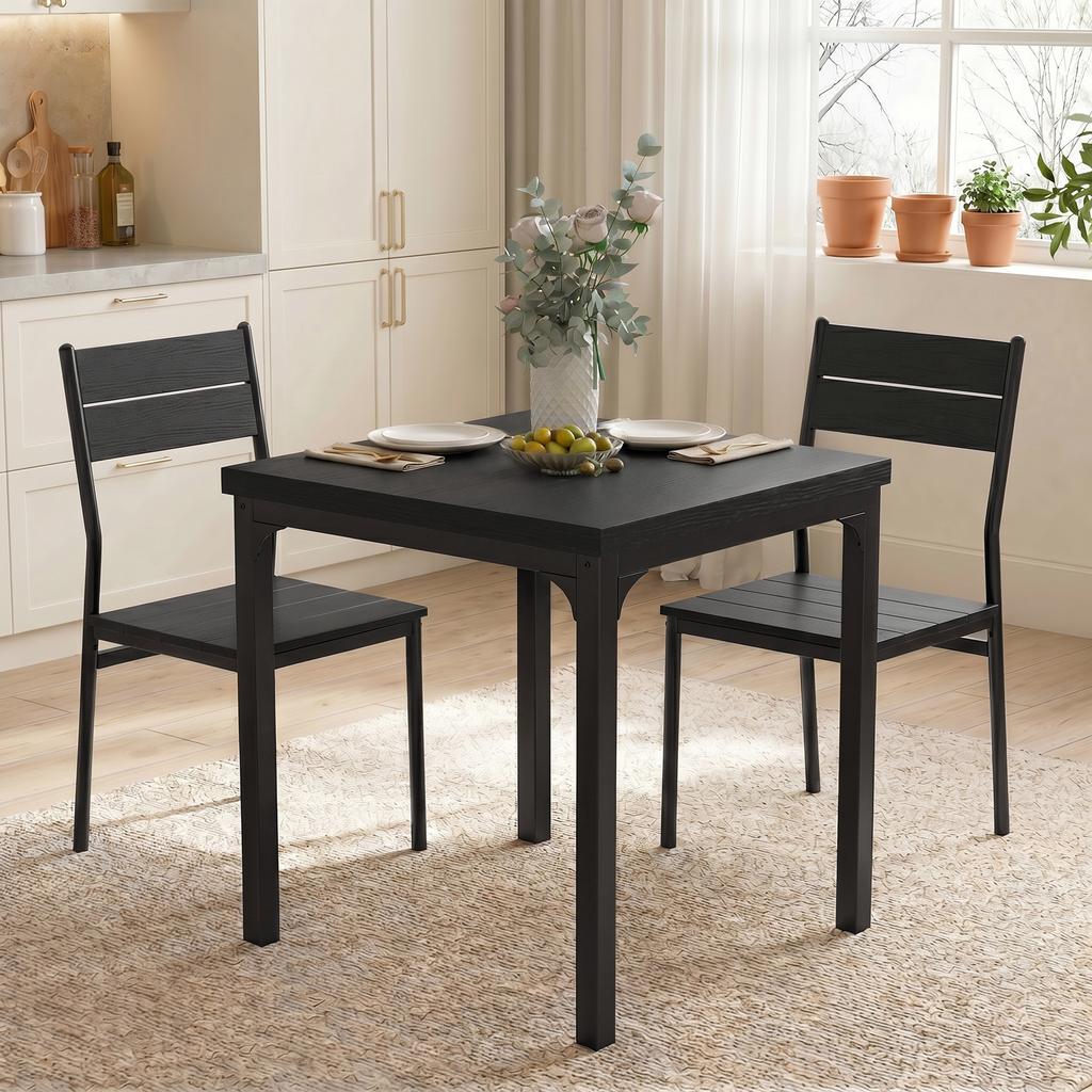 3 Piece Space Saving Kitchen Table And Chairs Dining Table Set For 2 With Metal Legs Black Wood Effect