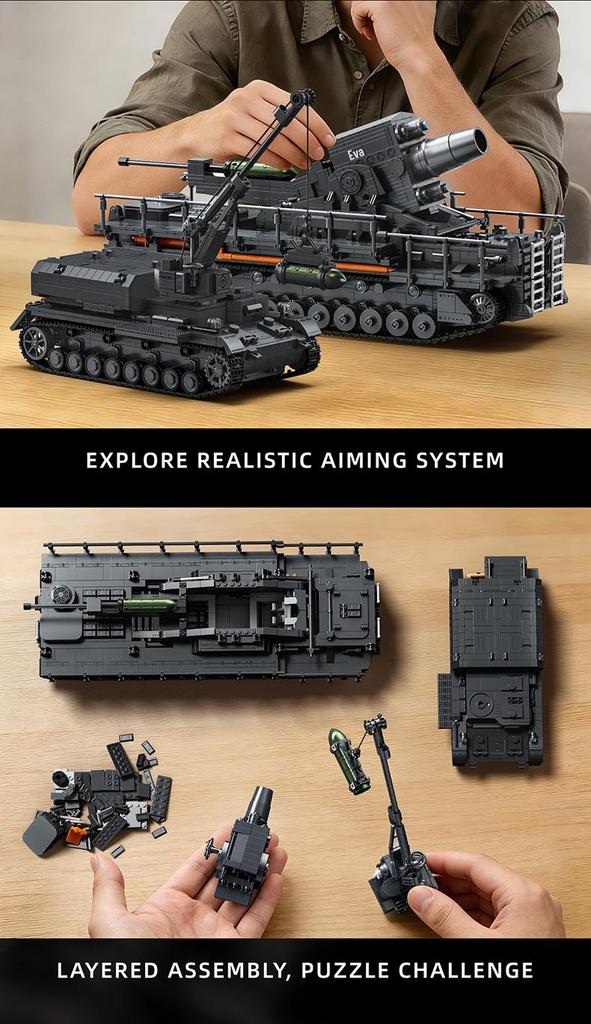 Совместимый с LEGO Вторая мировая война 1:28 Строительный набор 'Миномет Karl-Gerät и тележка с боеприпасами'