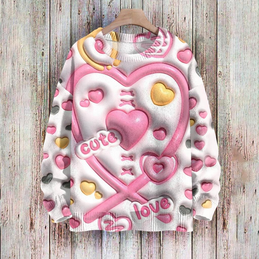 Свитшоты ко Дню святого Валентина с надписью «Сердце и любовь» для женщин, вязаный свитер, милая рубашка, осенний свитер с круглым вырезом, топы