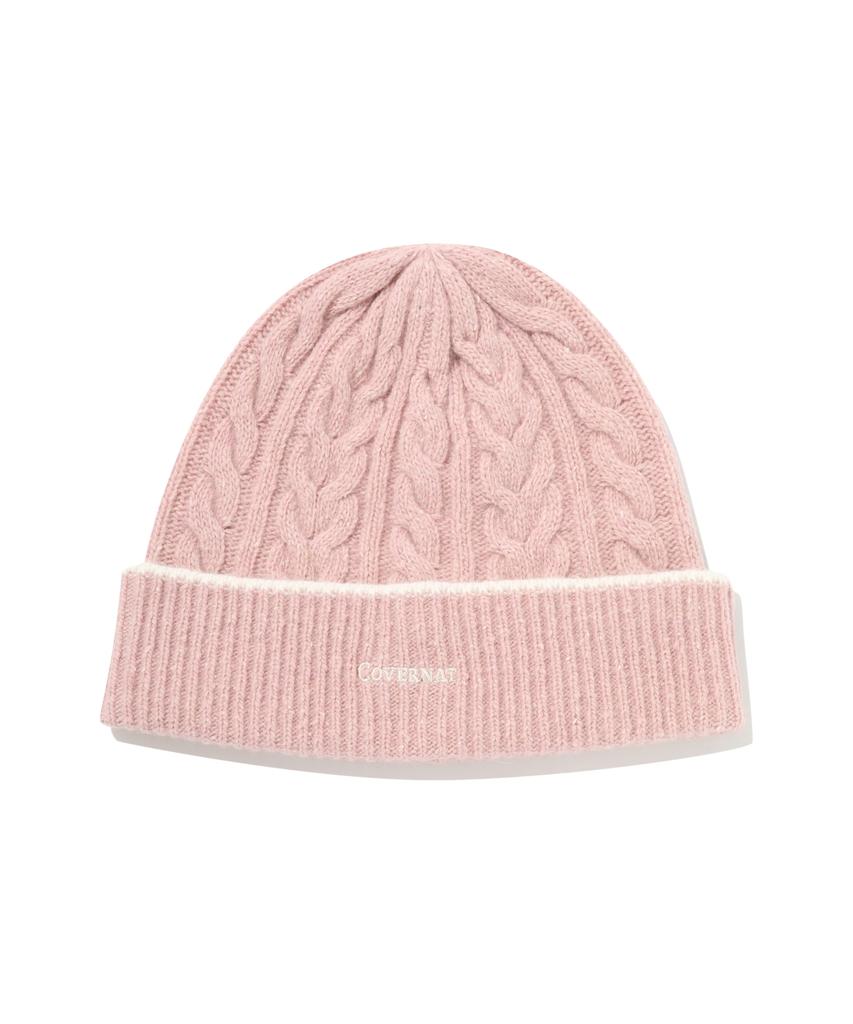 COVERNAT Logo Cable Lambswool Beanie Pink
