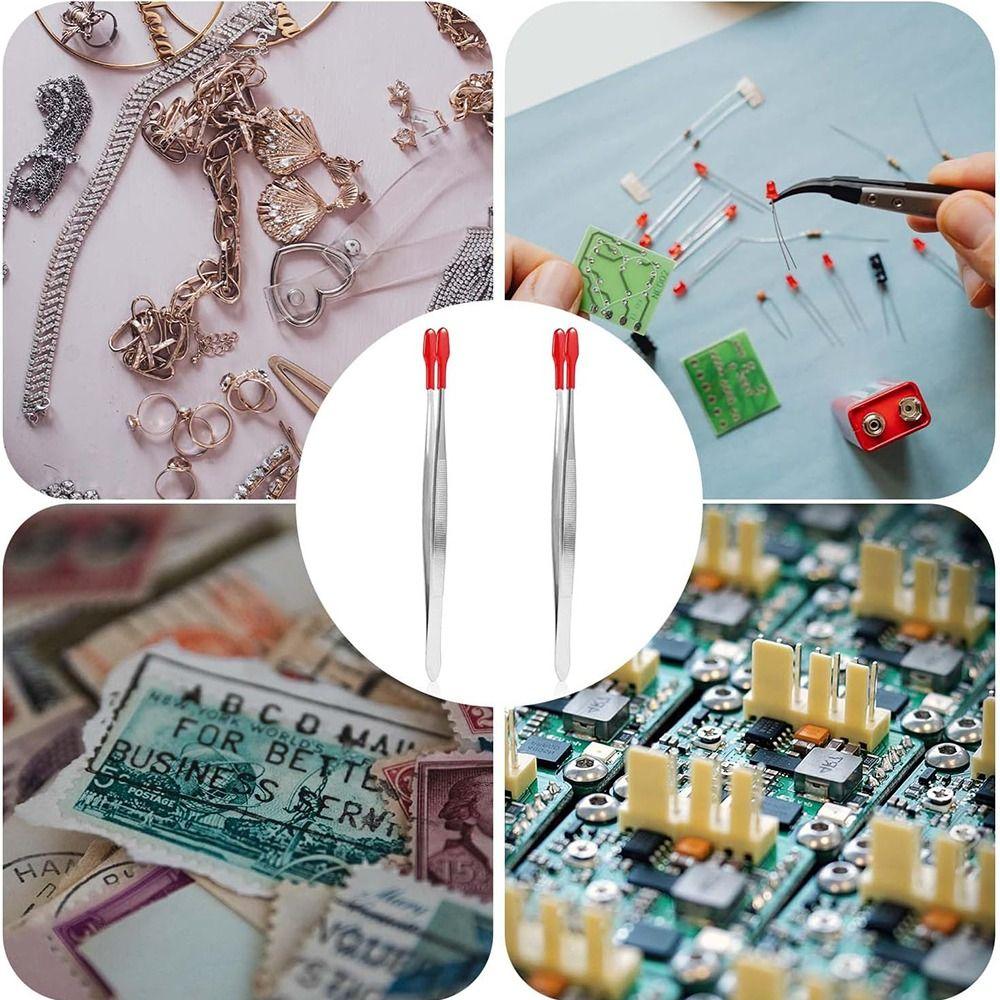 Stainless Steel Flat Tip Tweezers PVC Coated Rubber Tips Tweezers Accessories Long Tweezers Tools