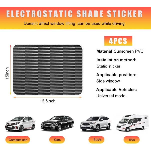 4 PCS Car Side Window Sunshade, 16.5"×15" Static Cling Auto Shade Sticker For UV, Heat, Glare & Privacy Protection, Reusable Vehicle Window Film