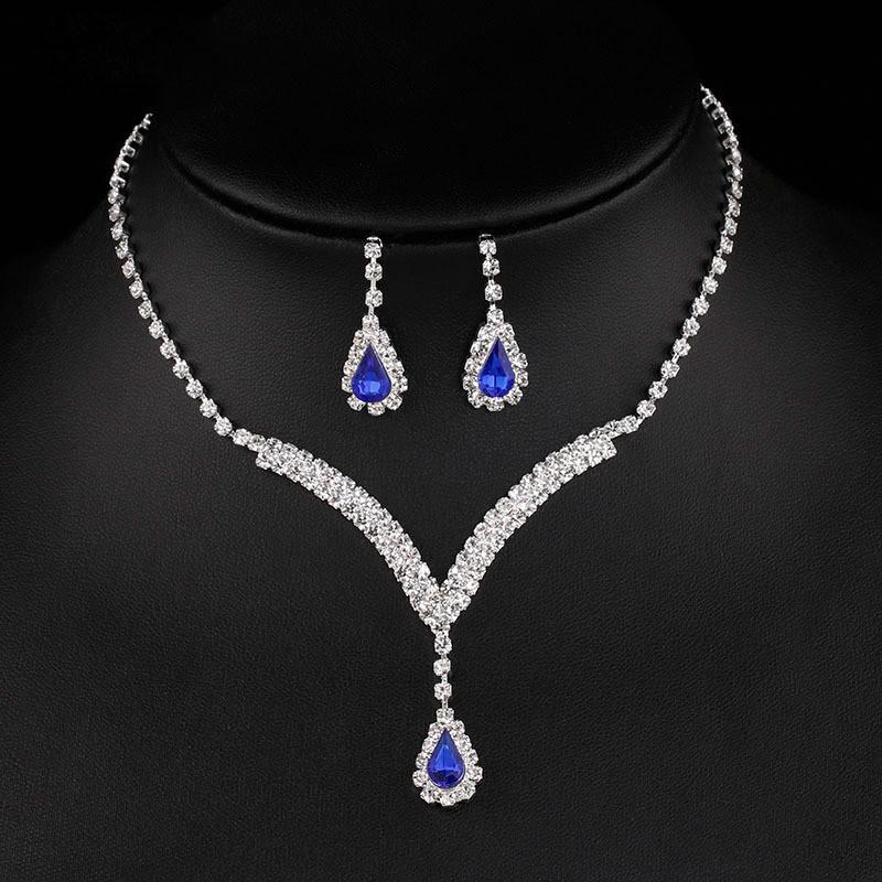 Water Drop Pendant Necklace And Earrings Set With Rhinestones For Elegant Bridal And Formal Wear