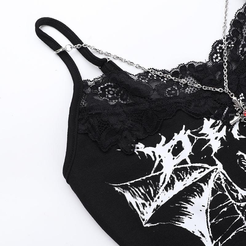 AltGoth Gothic Punk Майки женские Уличная одежда Harajuku Y2k Grunge Graphic Bat Printed Кружевной пэчворк Укороченный топ с цепочкой Femme