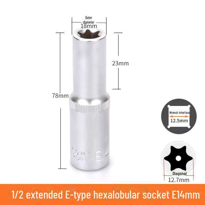 Metric 6-Point Flower-Shaped E-Type Socket Set: 1/2 Large, 3/8 Medium, 1/4 Small, Star Type.