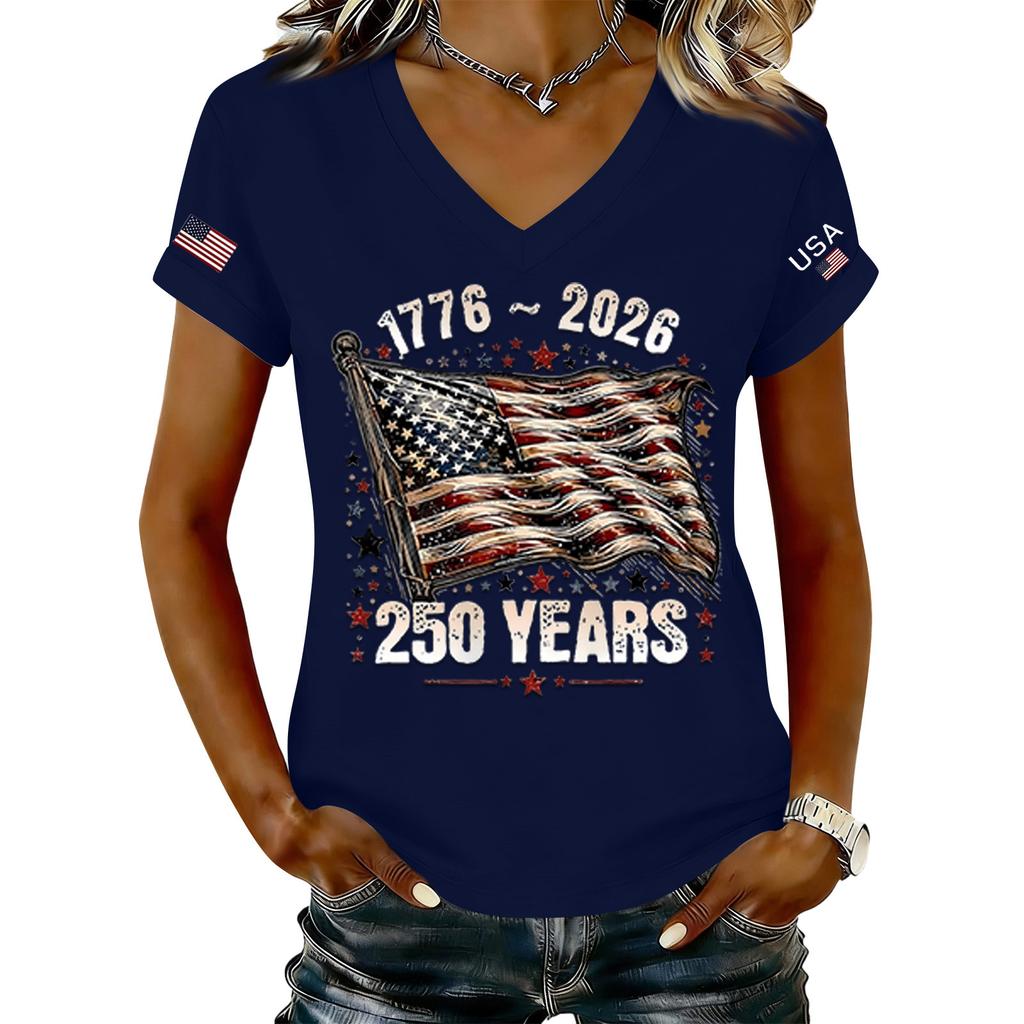 Women's Fashionable V-Neck Casual Retro Print Short Sleeved T-shirt Top