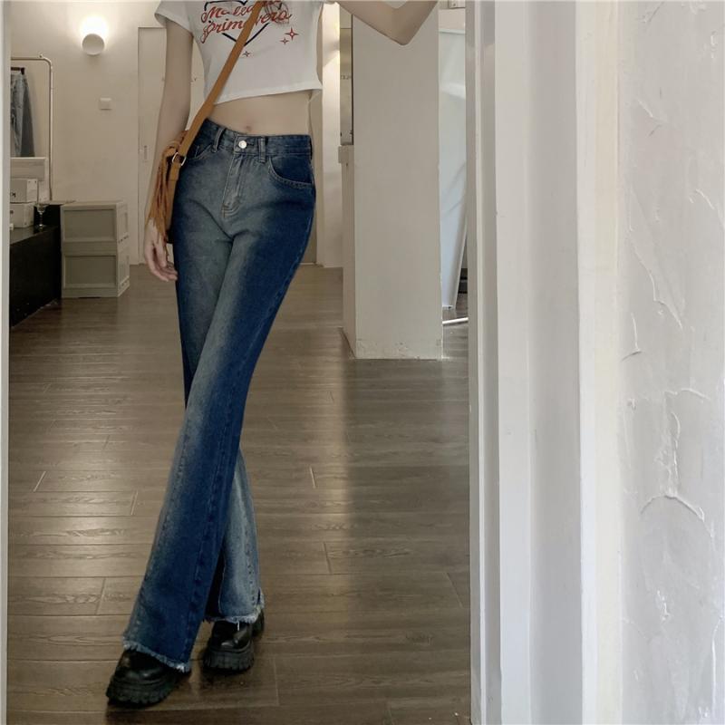 Осень-весна, джинсы, женские джинсовые брюки, винтажные прямые брюки, модные женские однотонные свободные повседневные широкие брюки с кисточками