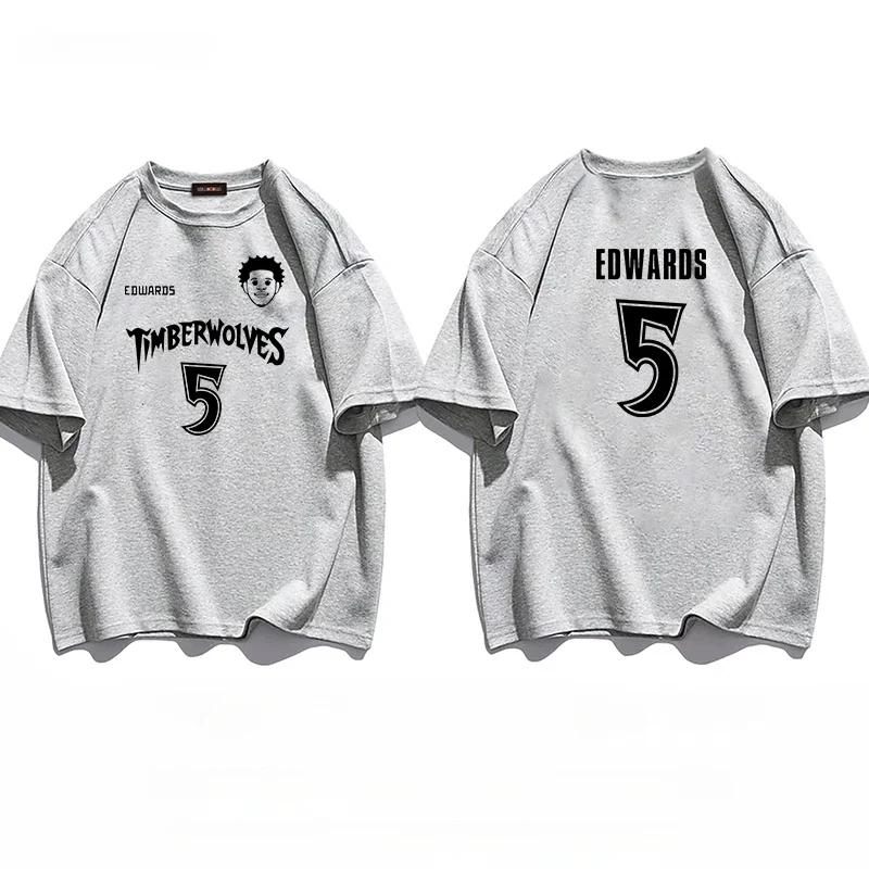 Basketball Star Timberwolves NO.5 Edwards Training Wear Cotton T-shirt T-shirt Tops Oversize Short Sleeve High Quality