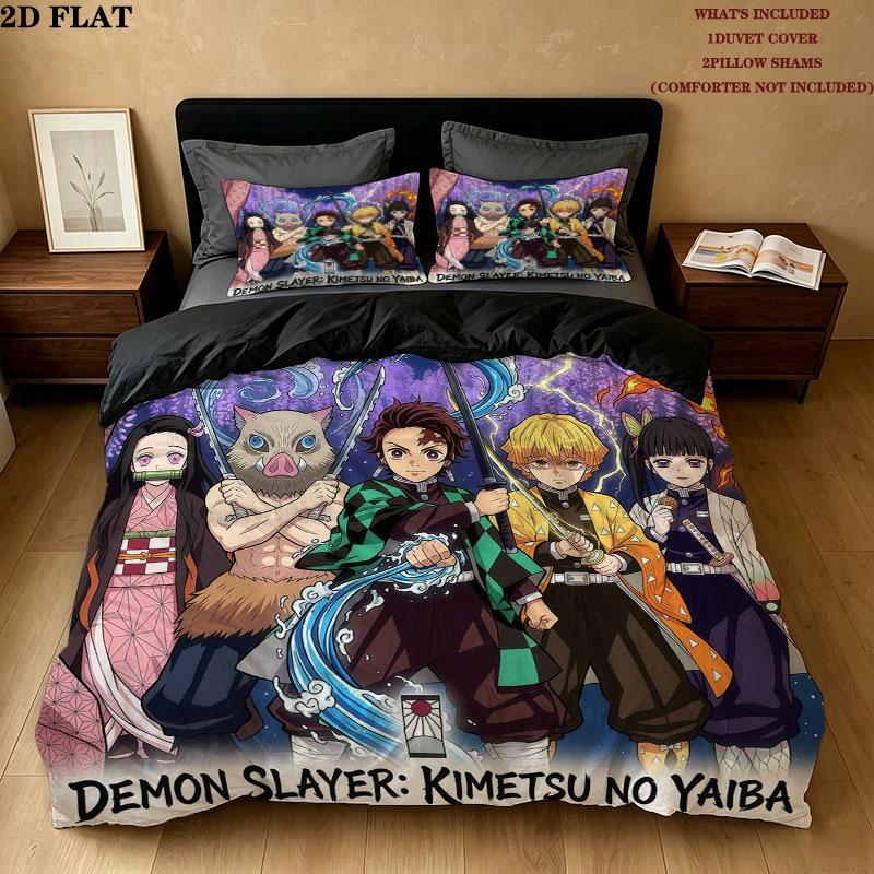 Demon Slayer Pattern Bedding Quilt Set Quilt Cover Pillowcase Home Birthday Gift(1 * duvet cover + 2 * pillowcase, without core)