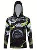 Men's hooded long-sleeved top with black background and bright fishing element pattern is suitable for outdoor fishing and other activities