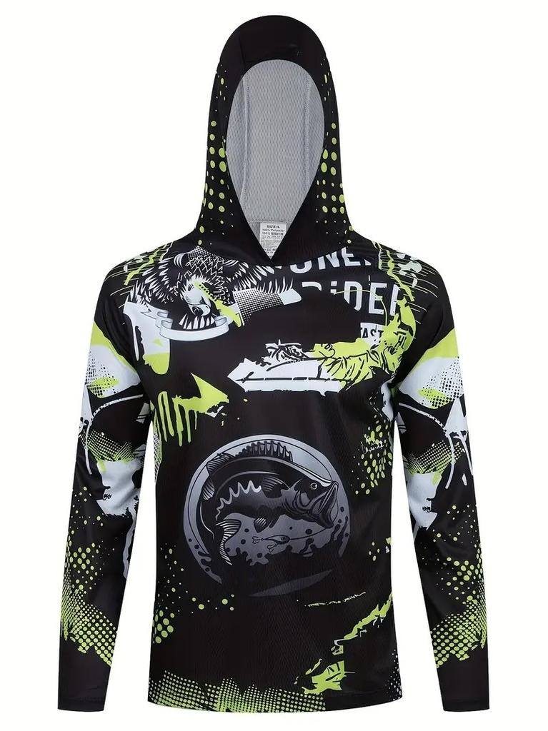 Men's hooded long-sleeved top with black background and bright fishing element pattern is suitable for outdoor fishing and other activities