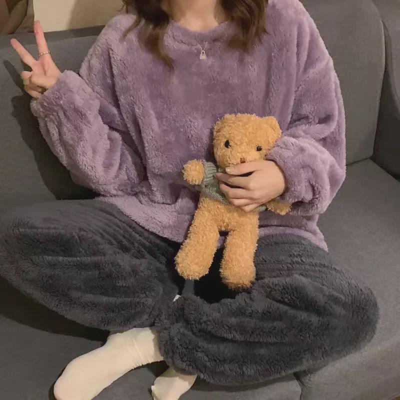 Женский зимний фланелевый плюшевый пижамный комплект с длинными рукавами