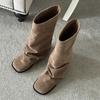Cashmere Version~ Korean Niche Suede Pleated Trouser Leg Boots Women's Medium Tube Stacking Boots Square Head Western Knight Boots Tide