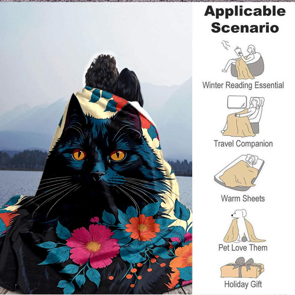 1pc Black Cat Print Soft & Warm Polyester Knit Blanket, Digital Printed, All-Season Throw for Napping, Traveling, Sofa yy250906021
